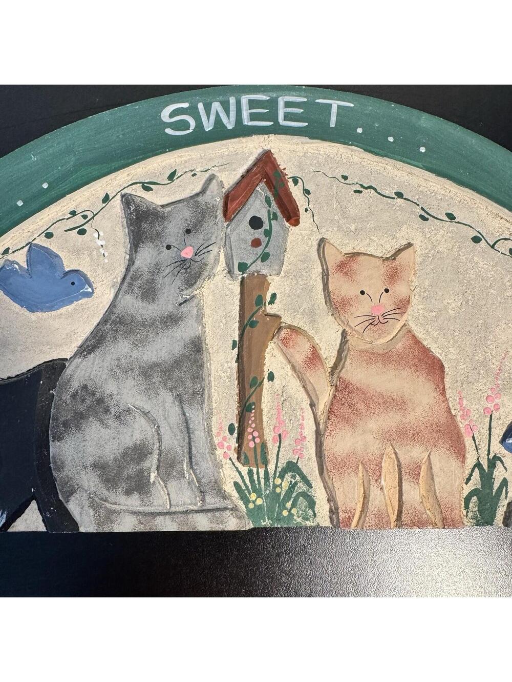 Vtg Wood Sign Welcome Hand Painted Kitty Cat Flowers Country Decor Home Sweet - Picture 6 of 9